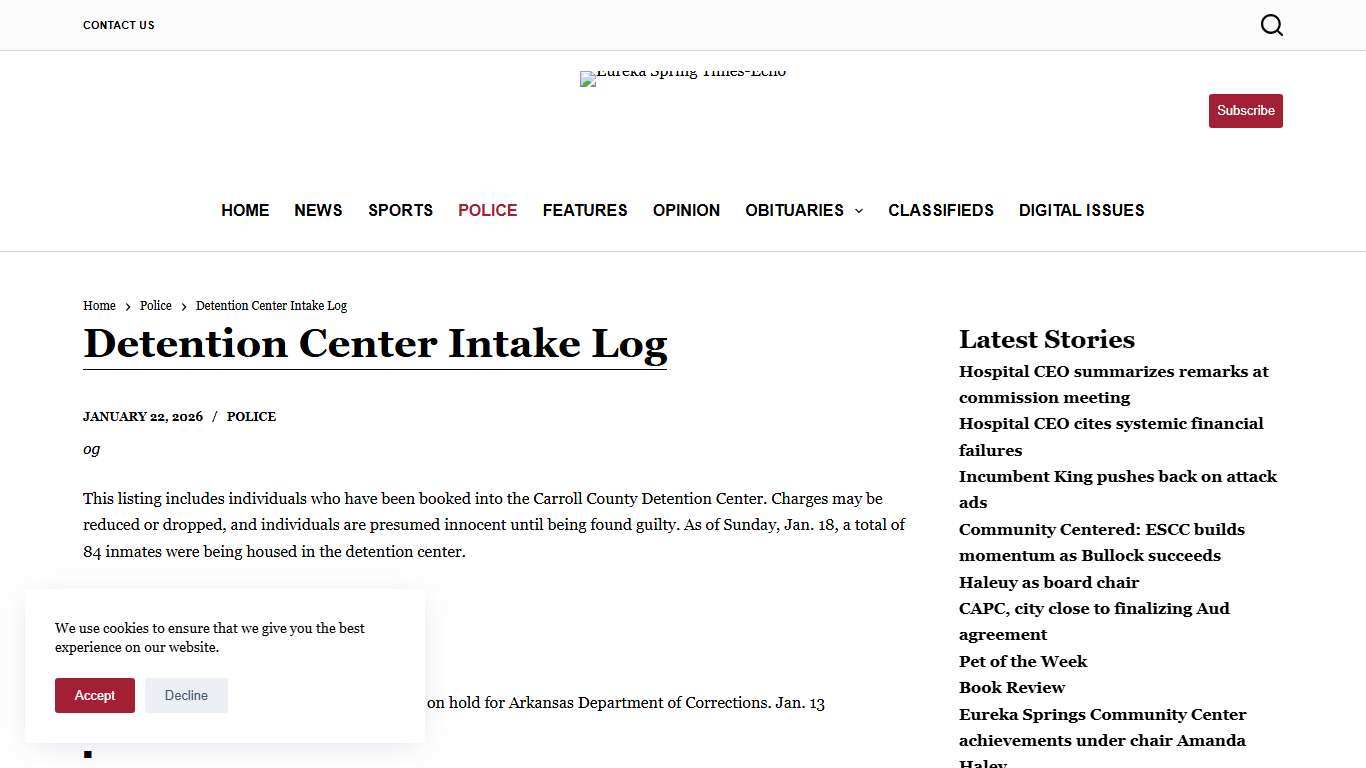 Detention Center Intake Log - Eureka Spring Times-Echo